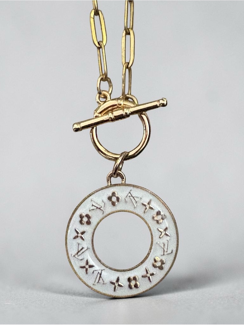 Upcycled LV Louis Vuitton double sided White & Gold Charm 30mm Necklace - Picture 4 of 4